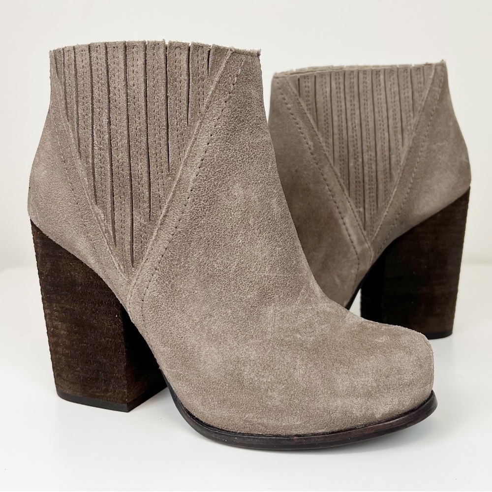 Jeffrey Campbell Taupe Suede Ankle Booties with Dark Brown Block Heel